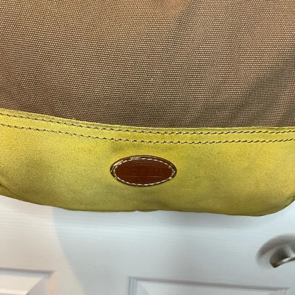 Fossil Brown canvas and yellow mustard suede medium shoulder/crossbody bag .